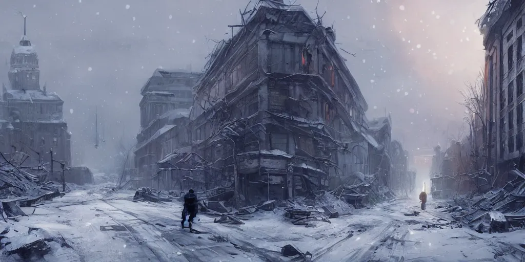 Prompt: An abandoned, post-apocalyptic Helsinki, by Greg Rutkowski, snowy in december, buildings in ruins. Trending on Artstation