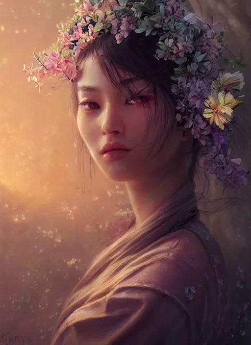 Prompt: beautiful, young eurasian woman, extremely detailed gorgeous face, looks realistic, hyper-detailed portrait, sad eyes tears, vaporwave aesthetic, synthwave, magical, fantasy, flowers, artist Artgerm and Greg Rutkowski and WLOP