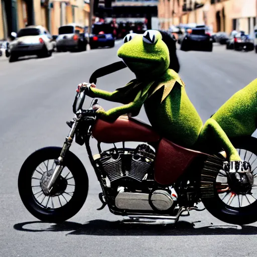 Image similar to Kermit the frog riding a Harley Davidson motorcycle in a leather jacket in a motorcycle gang 4k photo