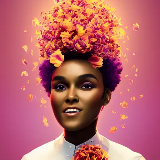 Image similar to portrait of a smiling beautiful black woman who looks like janelle monae with big curly afro surrounded by falling flower petals by argerm and by alphonse mucha, face by wlop, full color digital illustration trending on artstation, octane render