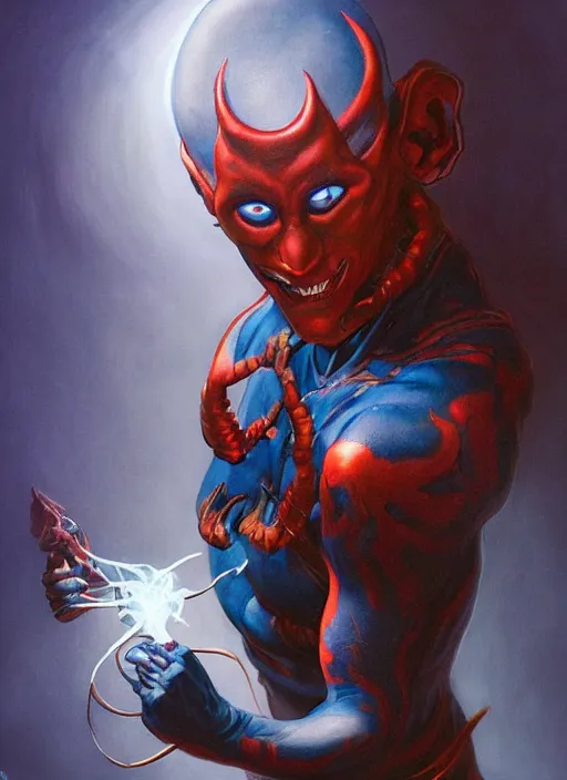 Image similar to dark horror nightcrawler xmen mf doom glowing bright eyes, blue tattooed skin, centered, digital painting, artstation, concept art, smooth, sharp focus, illustration, artgerm, tomasz alen kopera, peter mohrbacher, donato giancola, joseph christian leyendecker, wlop, frank frazetta