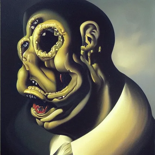 Image similar to oil painting with black background by christian rex van dali todd schorr of a chiaroscuro portrait of an extremely bizarre disturbing mutated man with acne intense chiaroscuro obscuring features lighting perfect composition masterpiece