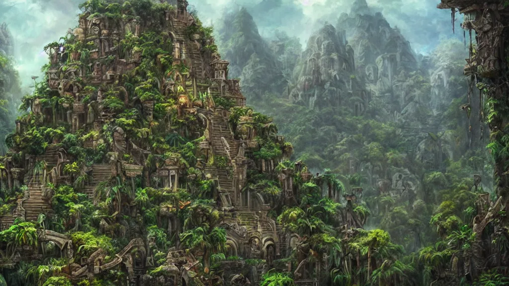 Prompt: Trending on artstation, beautiful jungle ruins lost city, detailed matte painting, oil on canvas