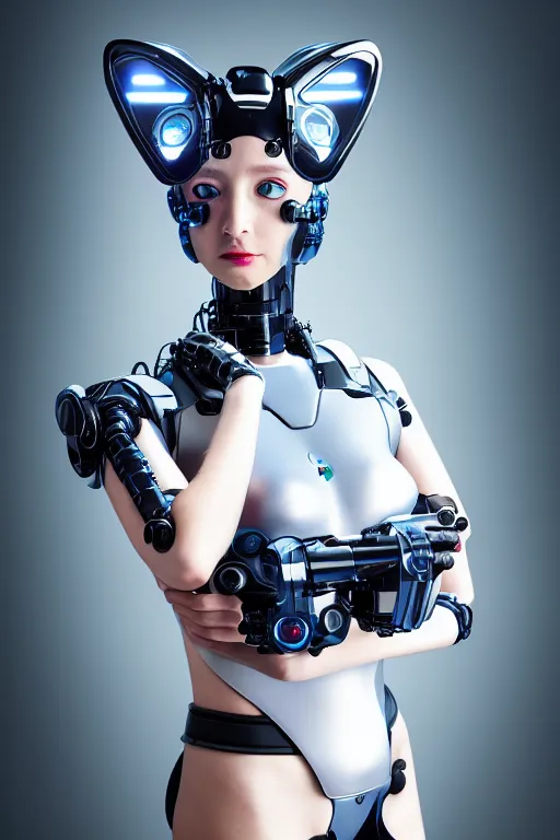 Image similar to cybernetic high tech catgirl with a cybercat on her head, sci - fi, cyberpunk, futurism, exoskeleton, strong artificial intelligence, symmetry, cinematic, elegant, luxury, professional studio light, perfect composition, dlsr photography, sharp focus, 8 k, ultra hd, sense of awe, highly detailed, hyper realistic, intricate, science journal cover