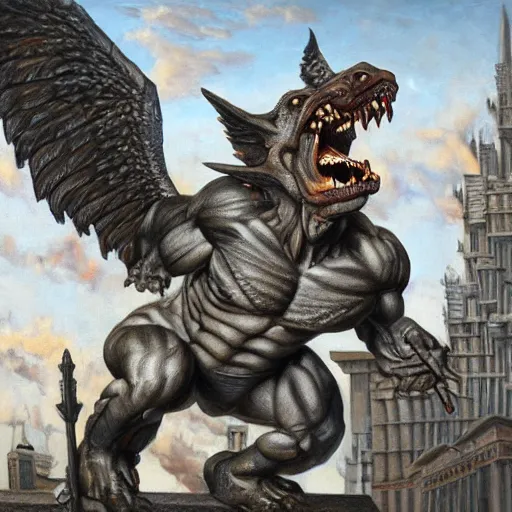 Prompt: an oil painting of a big, proud muscular Gargoyle, art by Greg Rutkovski, Renaissance Port City background, fangs, gray skin, angel wings, 1450