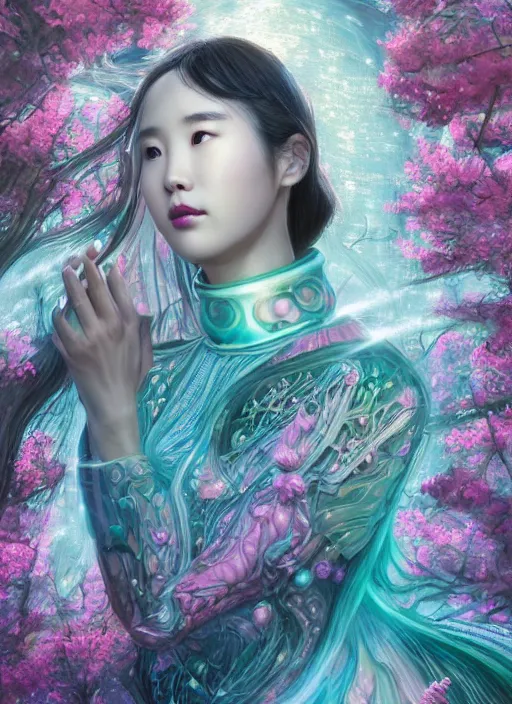 Image similar to portrait of IU Lee Ji-Eun as a Celestial Goddess of a futuristic pearlescent holographic, inside future fighter, sci-fi, fantasy, intricate, lush garden spaceship with sakura season flowers in Kyoto Japan, elegant, human anatomy, royal green and nature light, highly detailed, digital painting, artstation, concept art, smooth, sharp focus, illustration, art by tian zi and WLOP and alphonse mucha, masterpiece, 3d blender