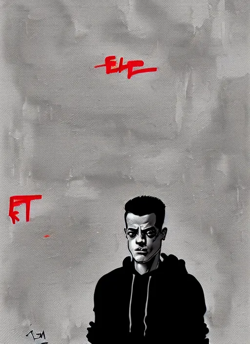 Image similar to highly detailed moody portrait of rami malek, elliot anderson, black hoody by atey ghailan, by greg rutkowski, by greg tocchini, by james gilleard, by joe fenton, by kaethe butcher, gradient red, black and white color scheme, grunge aesthetic!!! ( ( graffiti tag wall background ) )