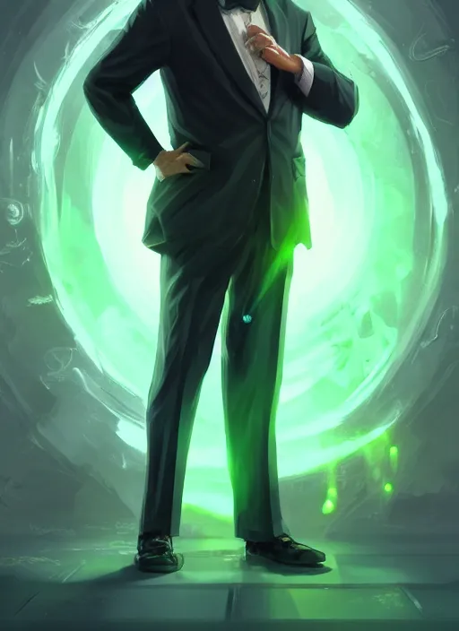 Image similar to a highly detailed illustration of bald old man wearing suit with green glowing eyes, dramatic standing pose, nuclear background, intricate, elegant, highly detailed, centered, digital painting, artstation, concept art, smooth, sharp focus, league of legends concept art, wlop.
