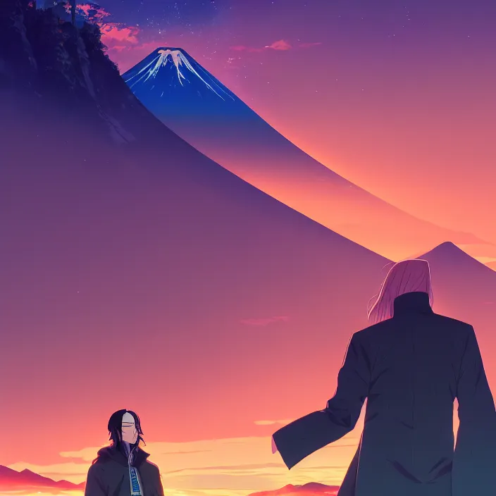 Image similar to portrait of the undertaker, mount fuji background, rich vivid colors, ambient lighting, dynamic lighting, 4 k, hq, official media, anime key visual, makoto shinkai, ilya kuvshinov, lois van baarle, rossdraws, detailed, trending on artstation