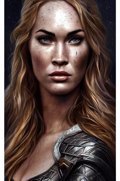 Image similar to Majestic and regal portrait of Megan fox female Thor, Marvel universe, Perfect face, beautiful, intricate, epic, elegant, menacing, fantasy, highly detailed, digital painting, hard focus, beautiful volumetric lighting, epic light, ultra detailed, by Leesha Hannigan, Ross Tran, Thierry Doizon, Kai Carpenter, Ignacio Fernández Ríos