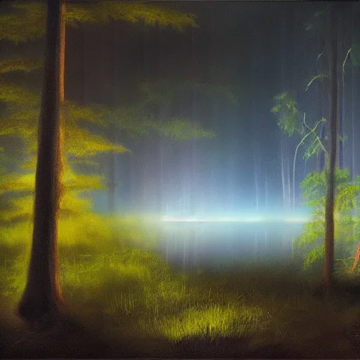 Prompt: lake, forest, night, fog, trees, glowing fireflies, moonshine, volumetric lighting, canvas, oil paint