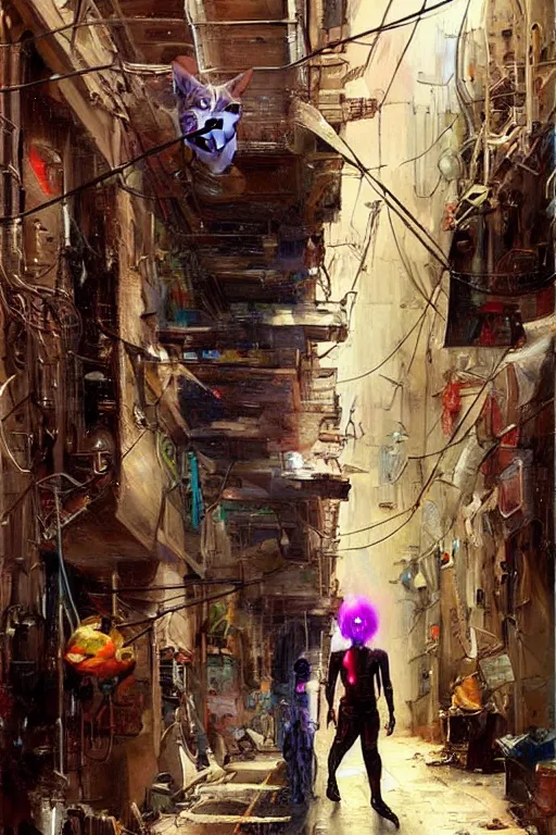 Image similar to a cyborg!! sphynx cat!!, in a cyberpunk alleyway by daniel gerhartz