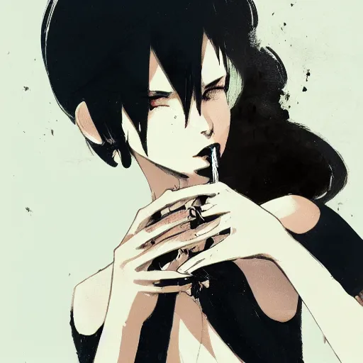 Image similar to Elegant woman in black dress and black bob hair, smoking a cigarette, sitting in dark room, smoke, smooth, sharp focus, by Akihiko Yoshida, Greg Tocchini, Greg Rutkowski, Cliff Chiang, 4k resolution, digital painting, small chromatic aberration