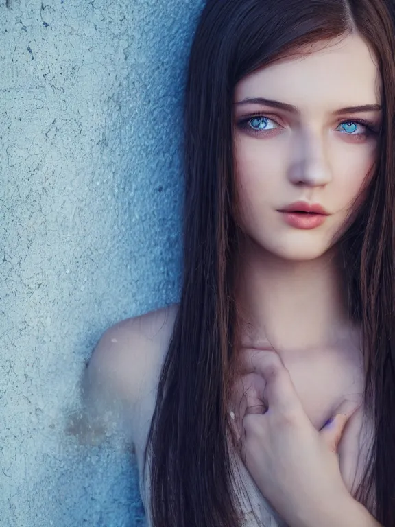 Image similar to hyperdetailed photo of a beautiful ukrainian girl with brown eyes and dark bob hairstyle, winds of winter, au naturel, blue eyes, cinematic lighting, studio quality
