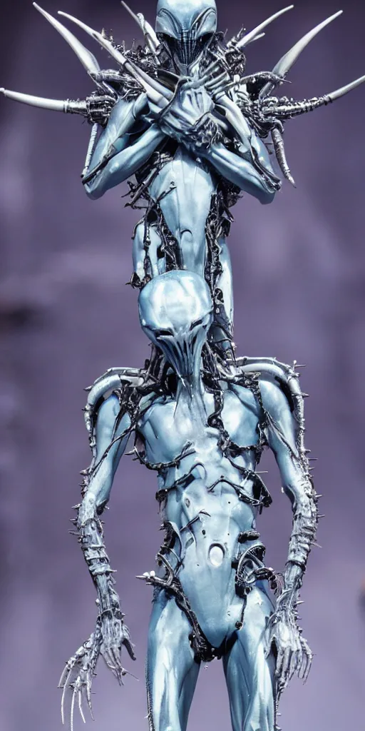 Image similar to blue human with rick owens iron spikes xenomorph intricated jewelry figure plastic jumping in a runway fashion show, realistic photography paparazzi by Nick Knight and Luis Royo