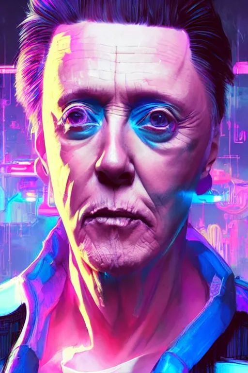 Prompt: a cyberpunk christopher walken with blue and pink hair, neon colors, hyper detailed, digital art, cinematic lighting, concept art by artgerm and greg rutkowski and jakub rebelka