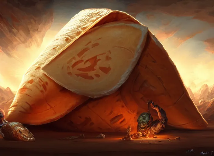 Image similar to a giant flour tortilla wrap with a group of human travelers trapped inside, by marco bucci and frank frazetta, style of magic the gathering, high resolution, fantasy coloring, intricate, digital painting, artstation, smooth, sharp focus