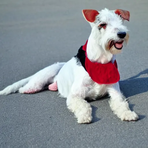 Prompt: old fox terrier with a white and black coat, red collar, white tail, lying in the sun