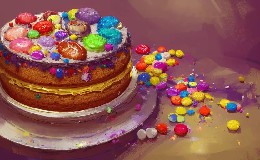 Image similar to a colorful digital painting of a cake with lots of sweets on it, by greg rutkowski and james gurney, sharp details, 8 k, highly detailed, matte background, trending on artstation