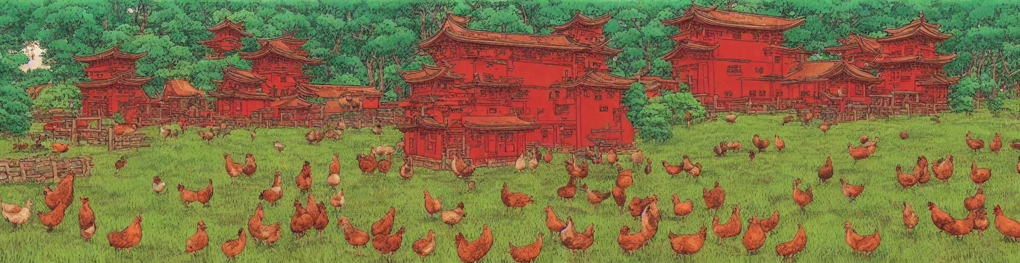 Image similar to big red and brown japanese fort in a meadow with chickens by studio ghibli painting