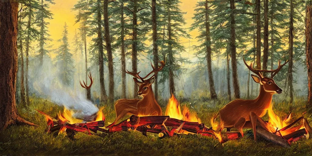 Image similar to A deer sitting next to a campfire in the forest. The deer is holding a cup of tea, watching the sunset, highly detailed painting