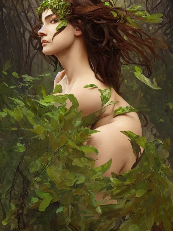Prompt: portrait of a forest mage, female, delicated facial features, dress made of green leaves, gorgeous, green hair, brown skin, curves, shapely derriere, forest background, highly detailed, chiaroscuro, digital painting, artgerm and greg rutkowski and alphonse mucha