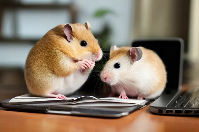 Prompt: a cute hamster reading working in an office