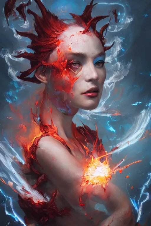 Image similar to model wearing exploding fire electricity and blood, sorcerer, diamonds, angel, fantasy, dramatic lighting, highly detailed, digital painting, holding electricity, magic the gathering, hyper detailed, 3 d render, hyper realistic detailed portrait, peter mohrbacher, wlop, ruan jia