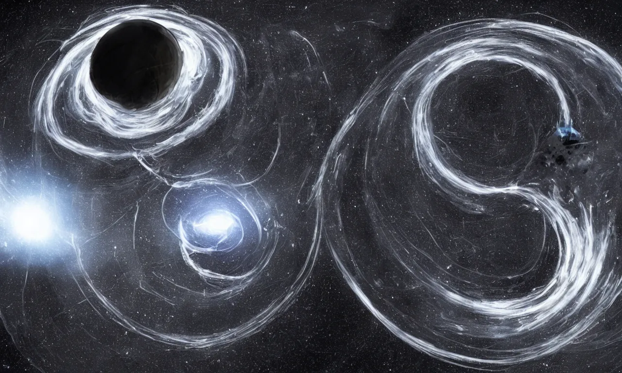 Image similar to space debris from ancient space station and other space constructions revolving around black hole forming a tilted vortex in black starless space