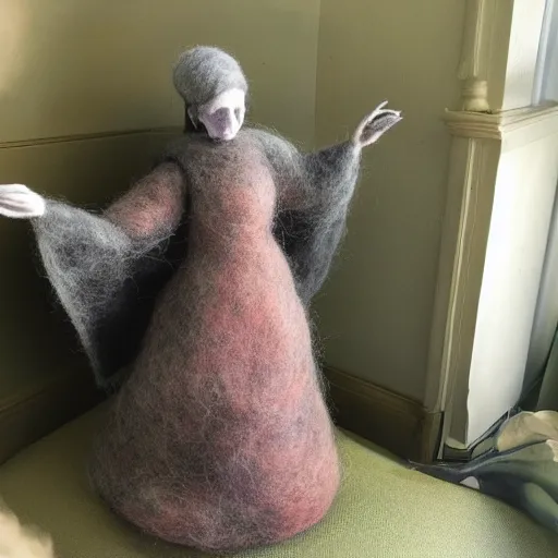 Prompt: photo of a life sized needle - felted 2 0 0 year old crone in a needle felted lounge room