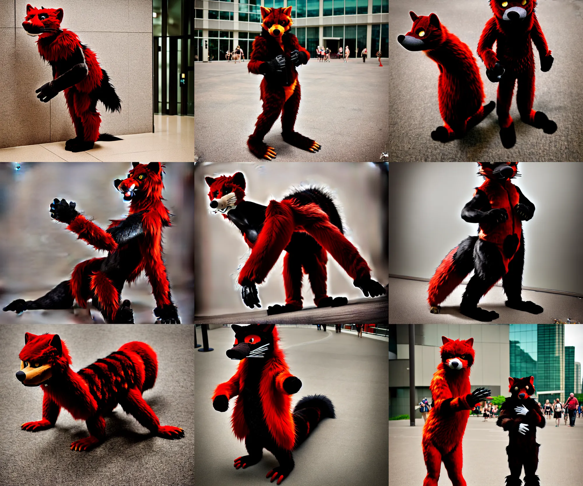 Image similar to fullbody photoshoot photo portrait of a roguish male red - black furred bipedal weasel furry fursona / fursuiter, photorealistic, taken at anthrocon