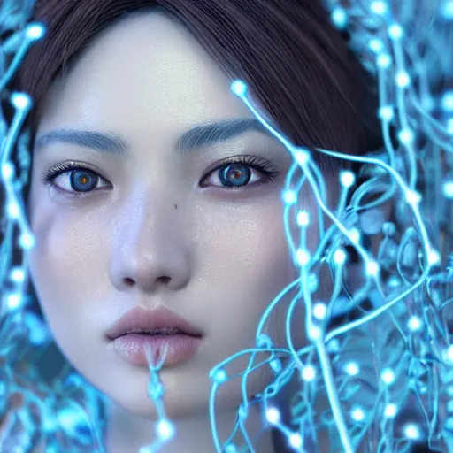 Image similar to intricate highly detailed face portrait of asian - european woman, light blue plastic vines on her face, intricate, cgsociety, unreal engine, octane render, sharp focus, smooth, volumetric lighting, cinematic composition, artstation