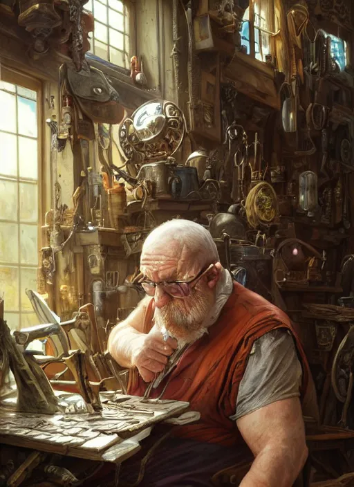 Image similar to an epic fantasy comic book style portrait painting of a an old tinker fat man working on a device in her workshop, d & d, fantasy, intricate, elegant, highly detailed, digital painting, artstation, concept art, matte, sharp focus, illustration, art by artgerm and greg rutkowski and alphonse mucha