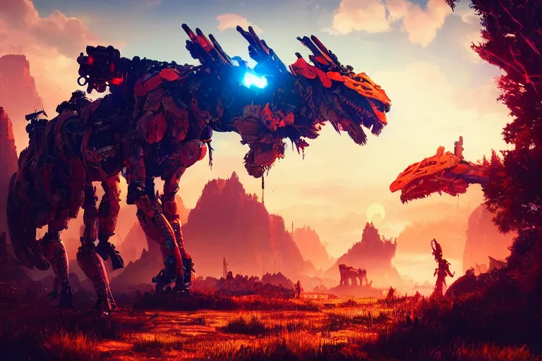 Image similar to fireclaw machine creature robot of horizon forbidden west horizon zero dawn radiating a glowing aura global illumination ray tracing hdr fanart arstation by ian pesty and alena aenami artworks in 4 k