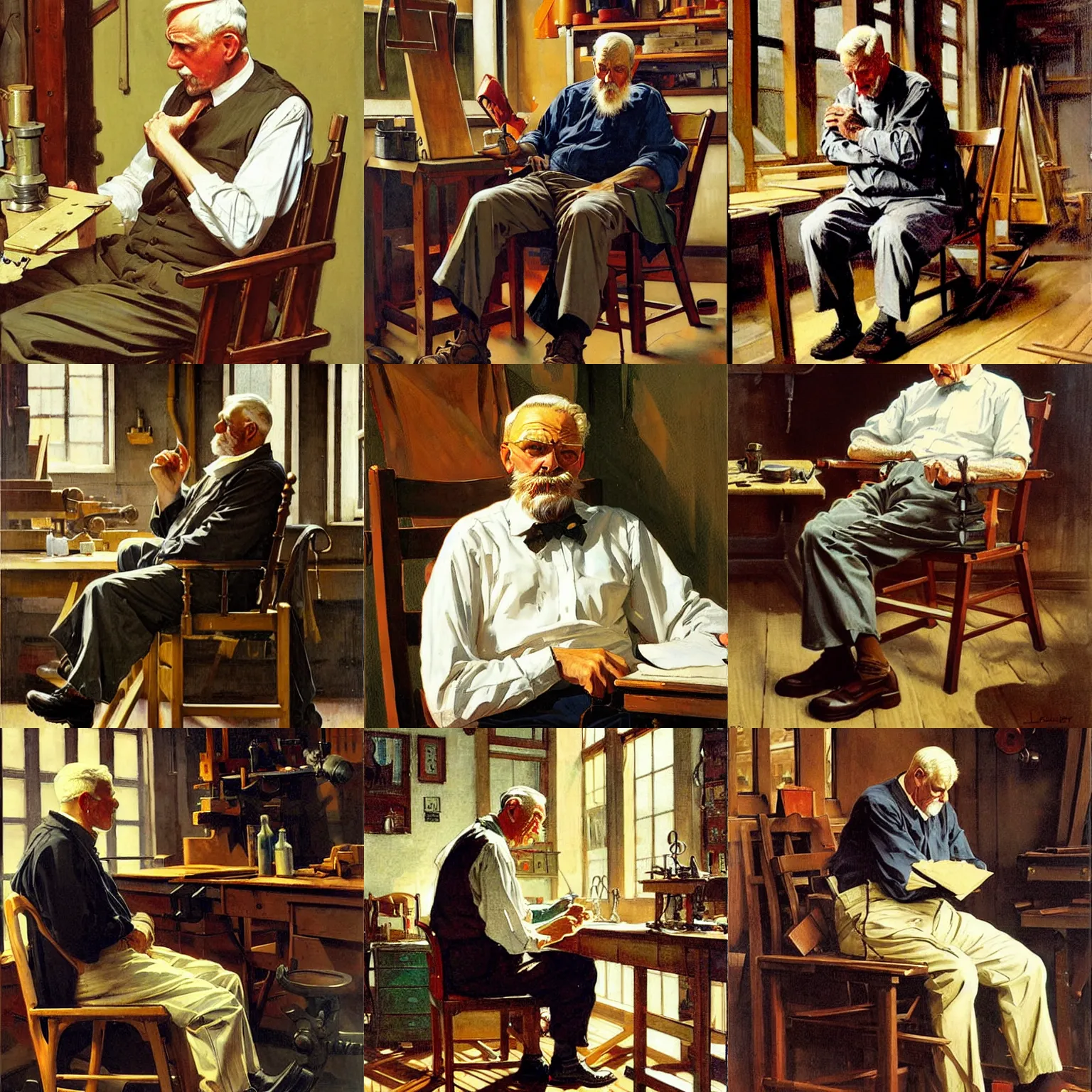 Prompt: a old man sitting on a chair in workshop, art by j. c. leyendecker