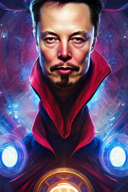 Image similar to elon musk as dr strange, realistic portrait, symmetrical, highly detailed, digital painting, artstation, concept art, smooth, sharp focus, illustration, cinematic lighting, art by artgerm and greg rutkowski and alphonse mucha