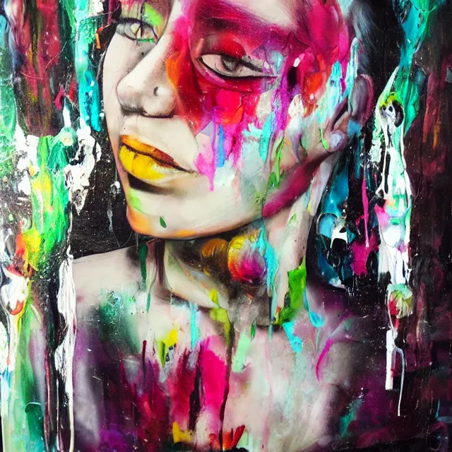 Image similar to “ a portrait in a female art student ’ s apartment, magic mushrooms, sensual, art supplies, a candle dripping white wax, berry juice drips, acrylic and spray paint and oilstick on canvas, surrealism, neoexpressionism ”