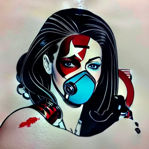 Prompt: a profile photo of a spy woman side profile with a diving oxygen mask with side profile blood in ocean intricate details by MARVEL comics and Sandra Chevrier-C