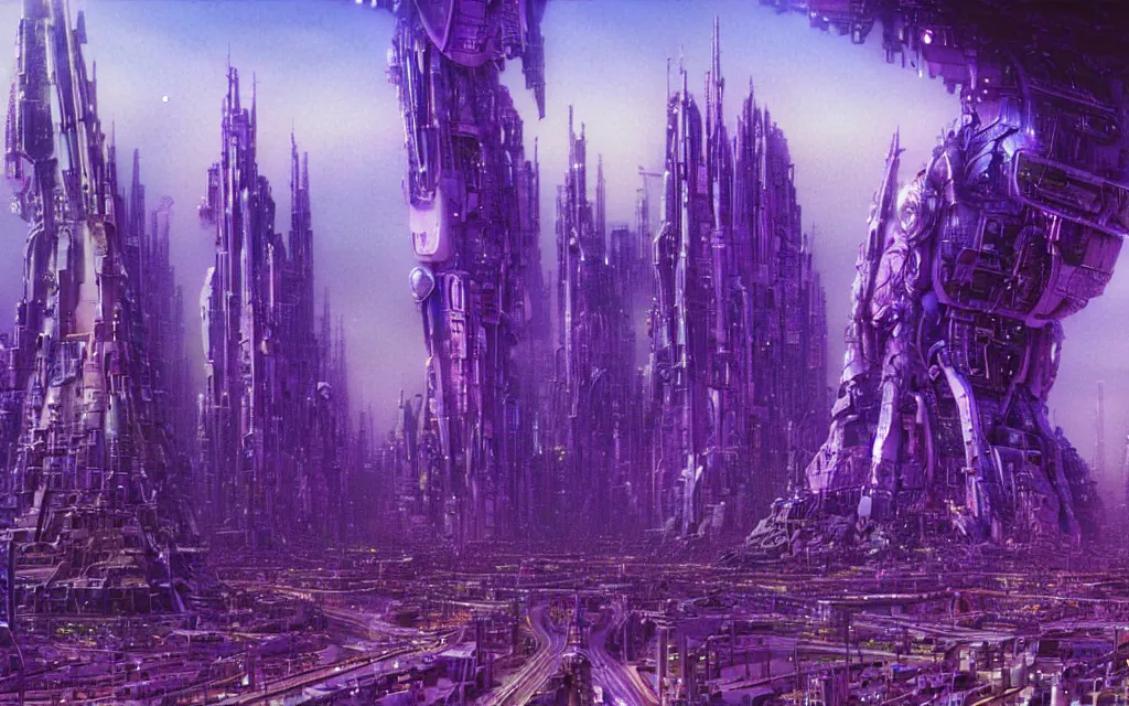 Prompt: a futurist cybernetic purple city, future perfect, award winning digital art by alan bean and bruce pennington