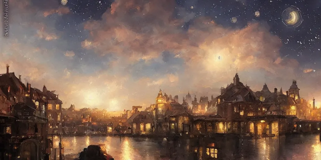 Image similar to stunning landscape painting of an city from 1 7 0 0 with stars in the sky by krenz cushart