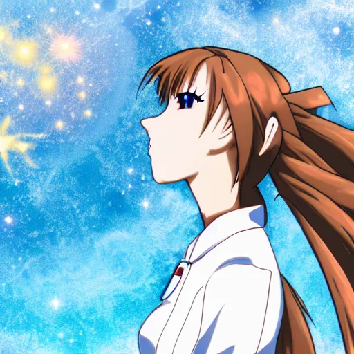 Image similar to anime girl in space staring at a nebula exploding in the distance, close-up side-view face shot