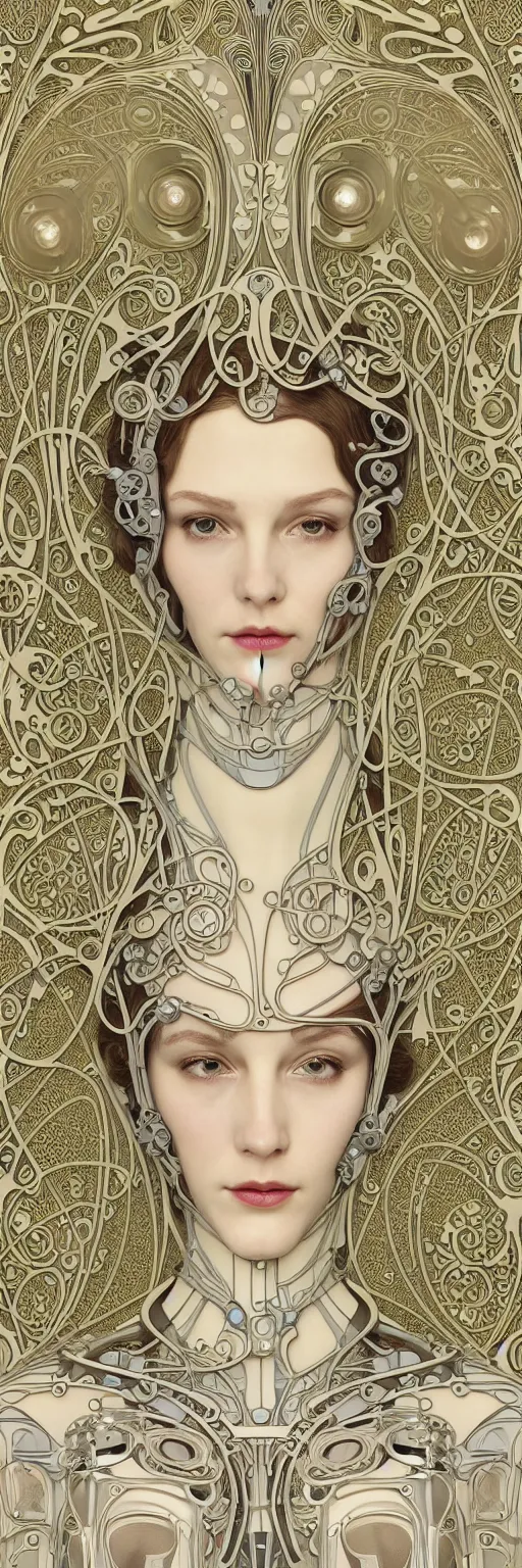 Image similar to seamless pattern of beautiful cybernetic art nouveau robot, beautiful art nouveau porcelain face + body is clear plastic, inside organic robotic tubes and parts, damask patern, front facing, wearing translucent baroque rain - jacket + symmetrical composition + intricate details, hyperrealism, wet, reflections + by alfonse mucha and moebius, no blur