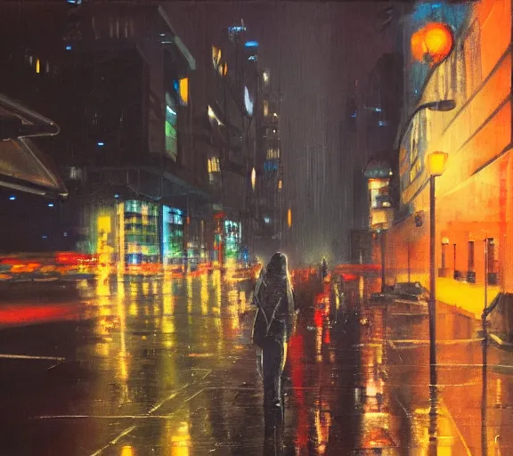 Image similar to melancholy on an empty street in a cyberpunk city during a rainy night, oil on canvas