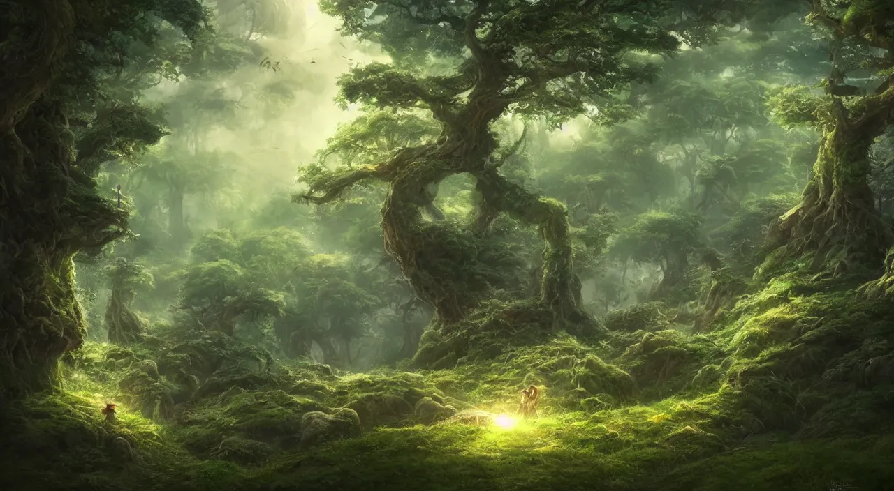 Image similar to concept art fantasy landscape, mythical forest, hayao miyazaki, studio ghibli, anime, hyper realistic, ambient lighting, concept art, intricate, hyper detailed, smooth, dynamic volumetric lighting, octane, raytrace, cinematic, high quality, high resolution, 4 k, cgsociety