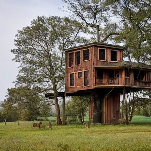 Prompt: farmhouse with farmhouse treehouse