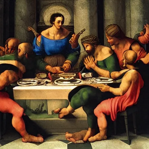 Prompt: the last dinner, painting by Michelangelo