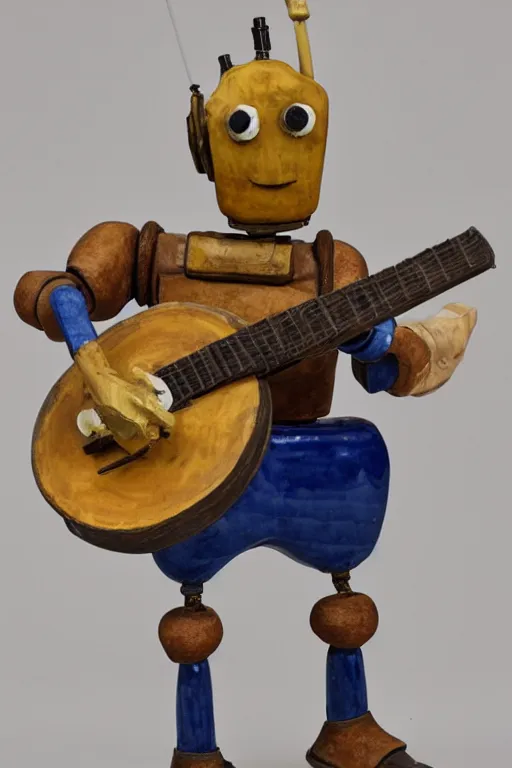 Image similar to glazed ceramic sculpture of a country bumpkin robot playing a banjo, straw in his mouth, studio lighting, rim lighting, high detail, hyper realistic, 8 k