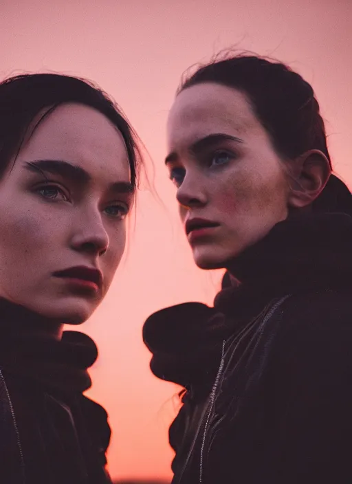 Image similar to cinestill 5 0 d photographic portrait of two loving female androids wearing rugged black techwear on a desolate plain with a red sky, extreme closeup, cyberpunk style, garters, dust storm, 8 k, hd, high resolution, 3 5 mm, f / 3 2, ultra realistic faces, ex machina