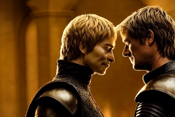 Image similar to very very intricate photorealistic photo of jaime lannister killing cersei, photo is in focus with detailed atmospheric lighting, award - winning details