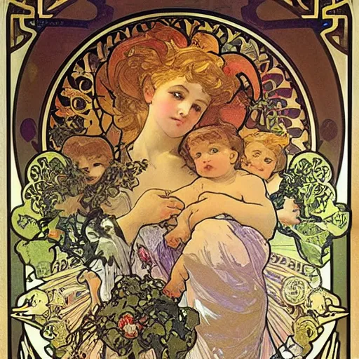 Prompt: cherub with four faces in one, byalphonse mucha